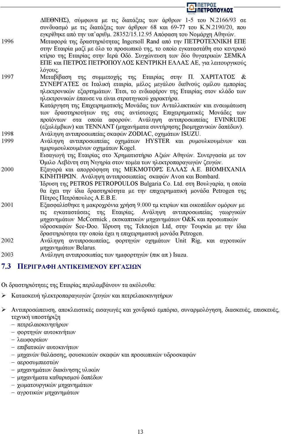 1996 Μεταφορά της δραστηριότητας Ingersoll Rand από την ΠΕΤΡΟΤΕΧΝΙΚΗ ΕΠΕ στην Εταιρία µαζί µε όλο το προσωπικό της, το οποίο εγκαταστάθη στο κεντρικό κτίριο της Εταιρίας στην Ιερά Οδό.