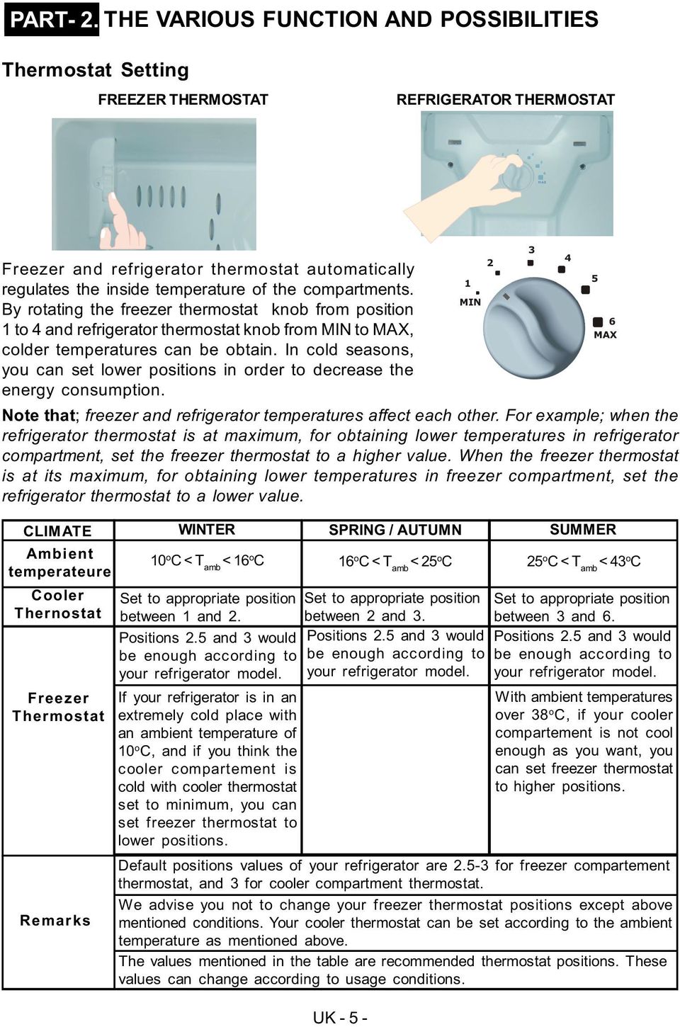 compartments. MIN By rotating the freezer thermostat knob from position 6 1 to 4 and refrigerator thermostat knob from MIN to MAX, MAX colder temperatures can be obtain.