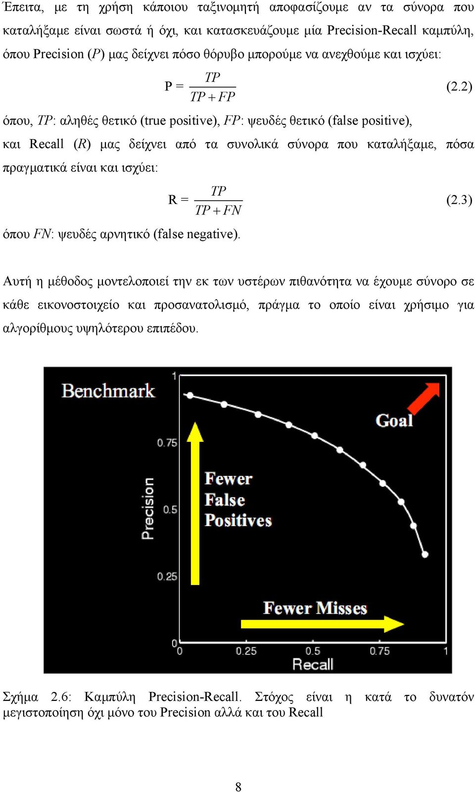 2) όπου, TP: αληθές θετικό (true positive), FP: ψευδές θετικό (false positive), και Recall (R) μας δείχνει από τα συνολικά σύνορα που καταλήξαμε, πόσα πραγματικά είναι και ισχύει: R = TP TP + FN (2.