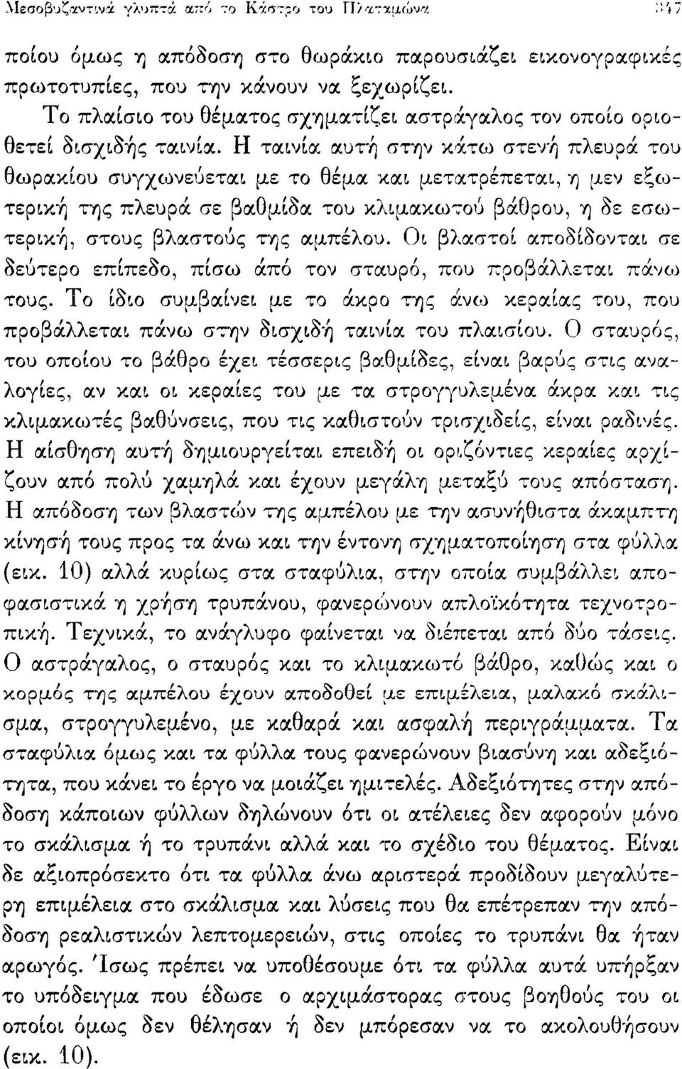 Η ταινία αυτή στην κάτω στενή πλευρά του θωρακίου συγχωνεύεται με το θέμα και μετατρέπεται, η μεν εξωτερική της πλευρά σε βαθμίδα του κλιμακωτού βάθρου, η δε εσο:>τερική, στους βλαστούς της αμπέλου.