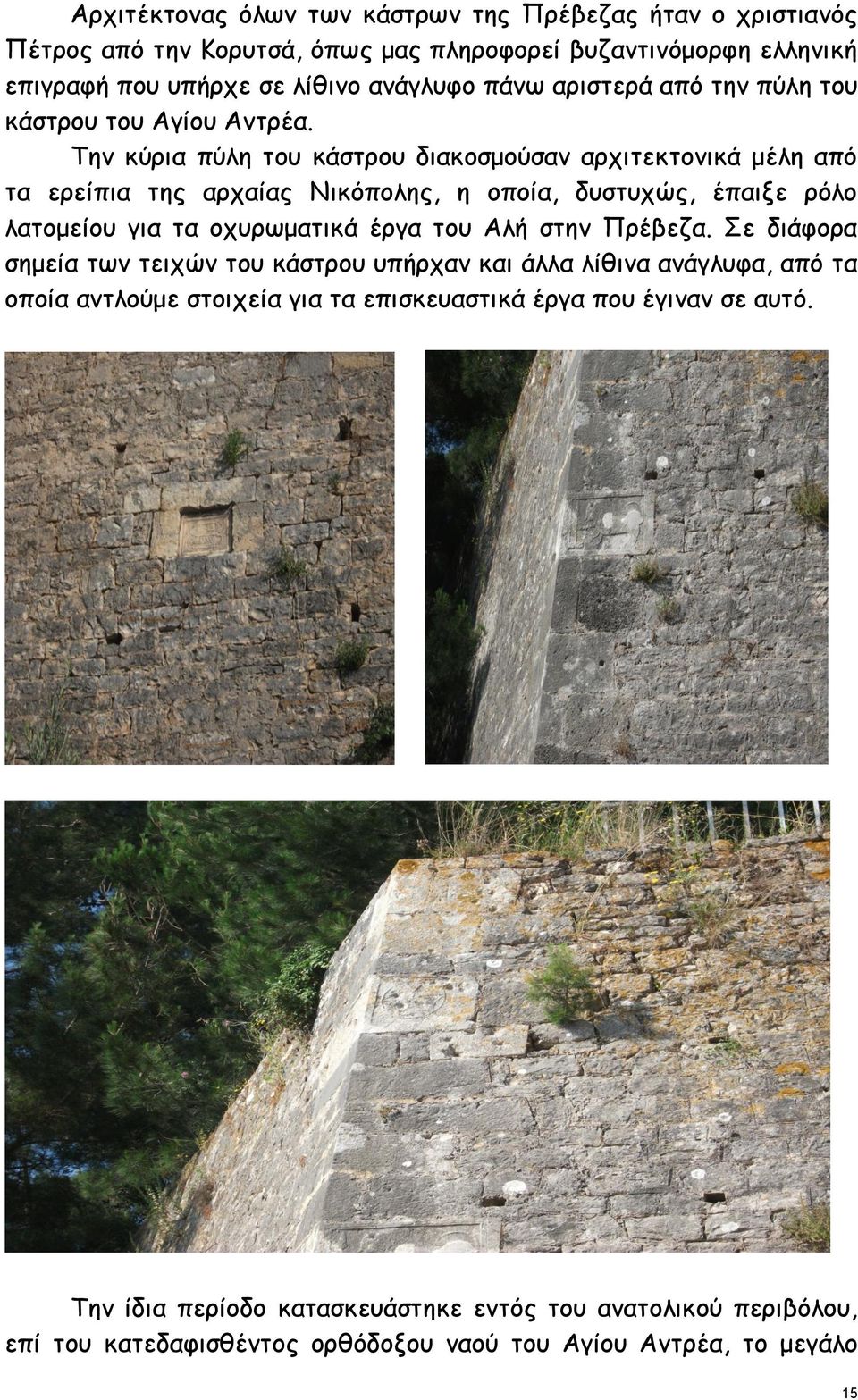 Την κύρια πύλη του κάστρου διακοσμούσαν αρχιτεκτονικά μέλη από τα ερείπια της αρχαίας Νικόπολης, η οποία, δυστυχώς, έπαιξε ρόλο λατομείου για τα οχυρωματικά έργα του Αλή