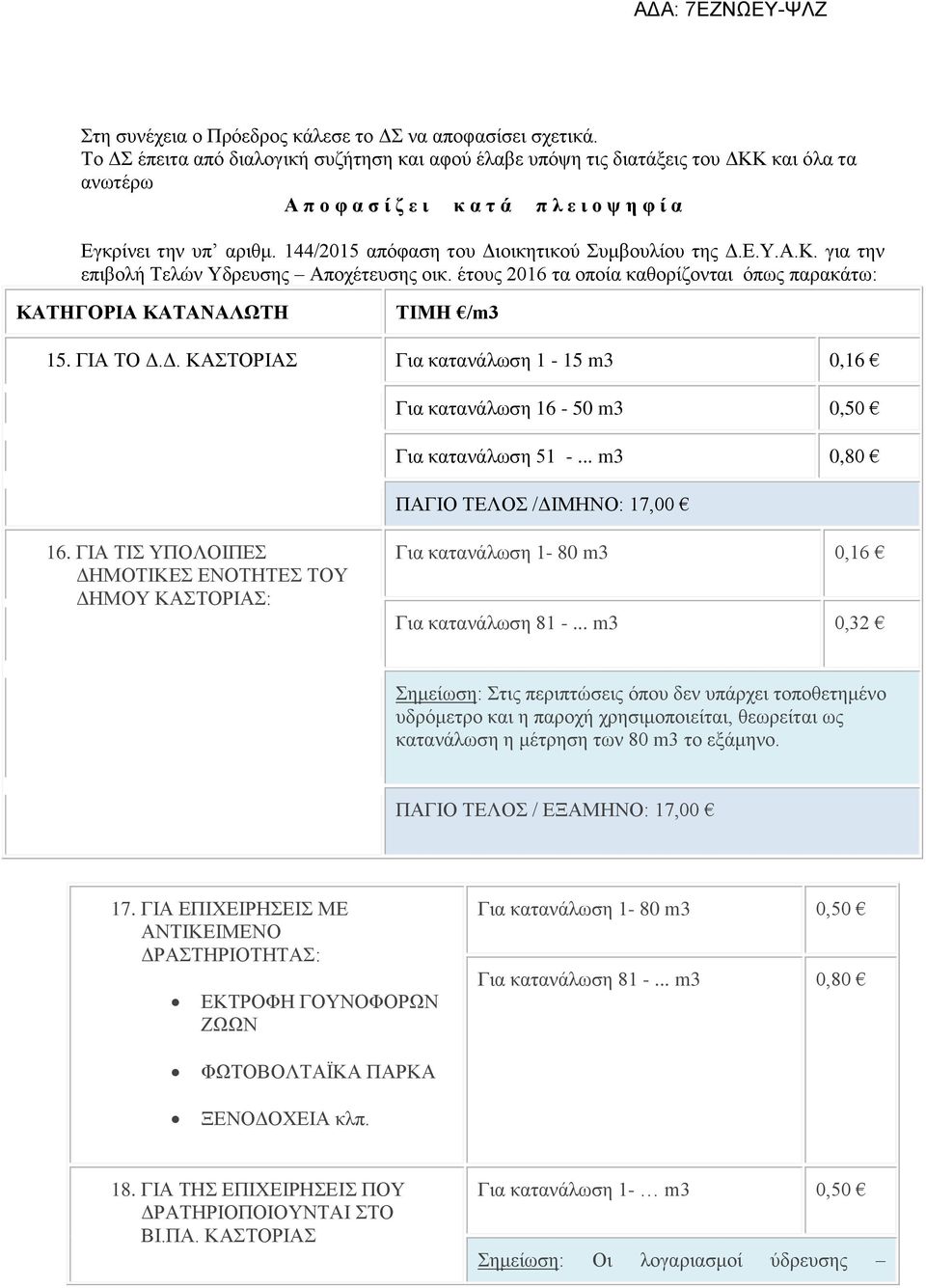 144/2015 απόφαση του Διοικητικού Συμβουλίου της Δ.Ε.Υ.Α.Κ. για την επιβολή Τελών Υδρευσης Αποχέτευσης οικ. έτους 2016 τα οποία καθορίζονται όπως παρακάτω: ΚΑΤΗΓΟΡΙΑ ΚΑΤΑΝΑΛΩΤΗ ΤΙΜΗ /m3 15. ΓΙΑ ΤΟ Δ.Δ. ΚΑΣΤΟΡΙΑΣ Για κατανάλωση 1-15 m3 0,16 Για κατανάλωση 16-50 m3 0,50 Για κατανάλωση 51 -.