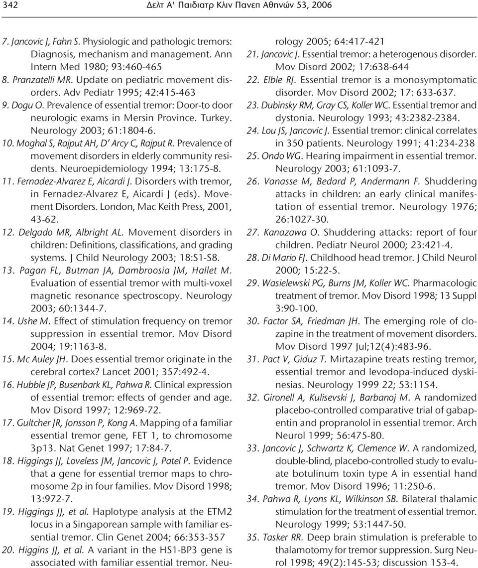 Moghal S, Rajput AH, D Arcy C, Rajput R. Prevalence of movement disorders in elderly community residents. Neuroepidemiology 1994; 13:175-8. 11. Fernadez-Alvarez E, Aicardi J.
