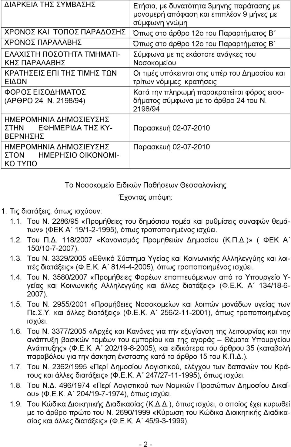 2198/94) ΗΜΕΡΟΜΗΝΙΑ ΗΜΟΣΙΕΥΣΗΣ ΣΤΗΝ ΕΦΗΜΕΡΙ Α ΤΗΣ ΚΥ- ΒΕΡΝΗΣΗΣ ΗΜΕΡΟΜΗΝΙΑ ΗΜΟΣΙΕΥΣΗΣ ΣΤΟΝ ΗΜΕΡΗΣΙΟ ΟΙΚΟΝΟΜΙ- ΚΟ ΤΥΠΟ Σύµφωνα µε τις εκάστοτε ανάγκες του Νοσοκοµείου Οι τιµές υπόκεινται στις υπέρ του