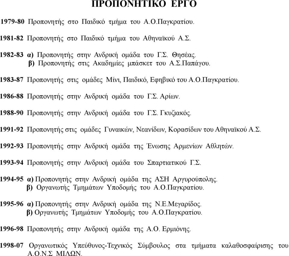 1988-90 Προπονητής στην Ανδρική ομάδα του Γ.Σ. Γκυζιακός. 1991-92 Προπονητής στις ομάδες Γυναικών, Νεανίδων, Κορασίδων του Αθηναϊκού Α.Σ. 1992-93 Προπονητής στην Ανδρική ομάδα της Ένωσης Αρμενίων Αθλητών.