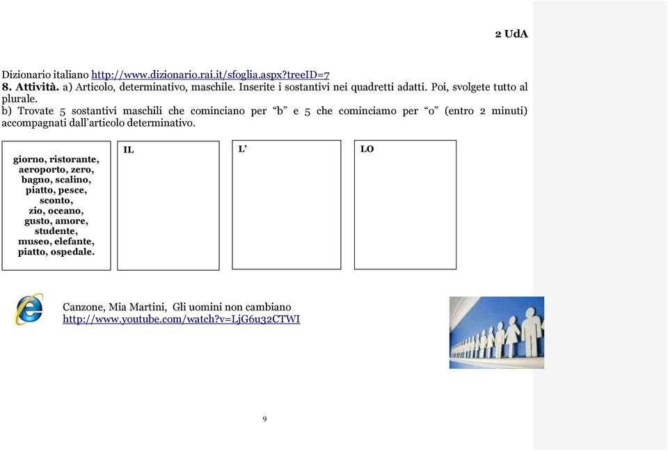 b) Trovate 5 sostantivi maschili che cominciano per b e 5 che cominciamo per o (entro 2 minuti) accompagnati dall articolo determinativo.