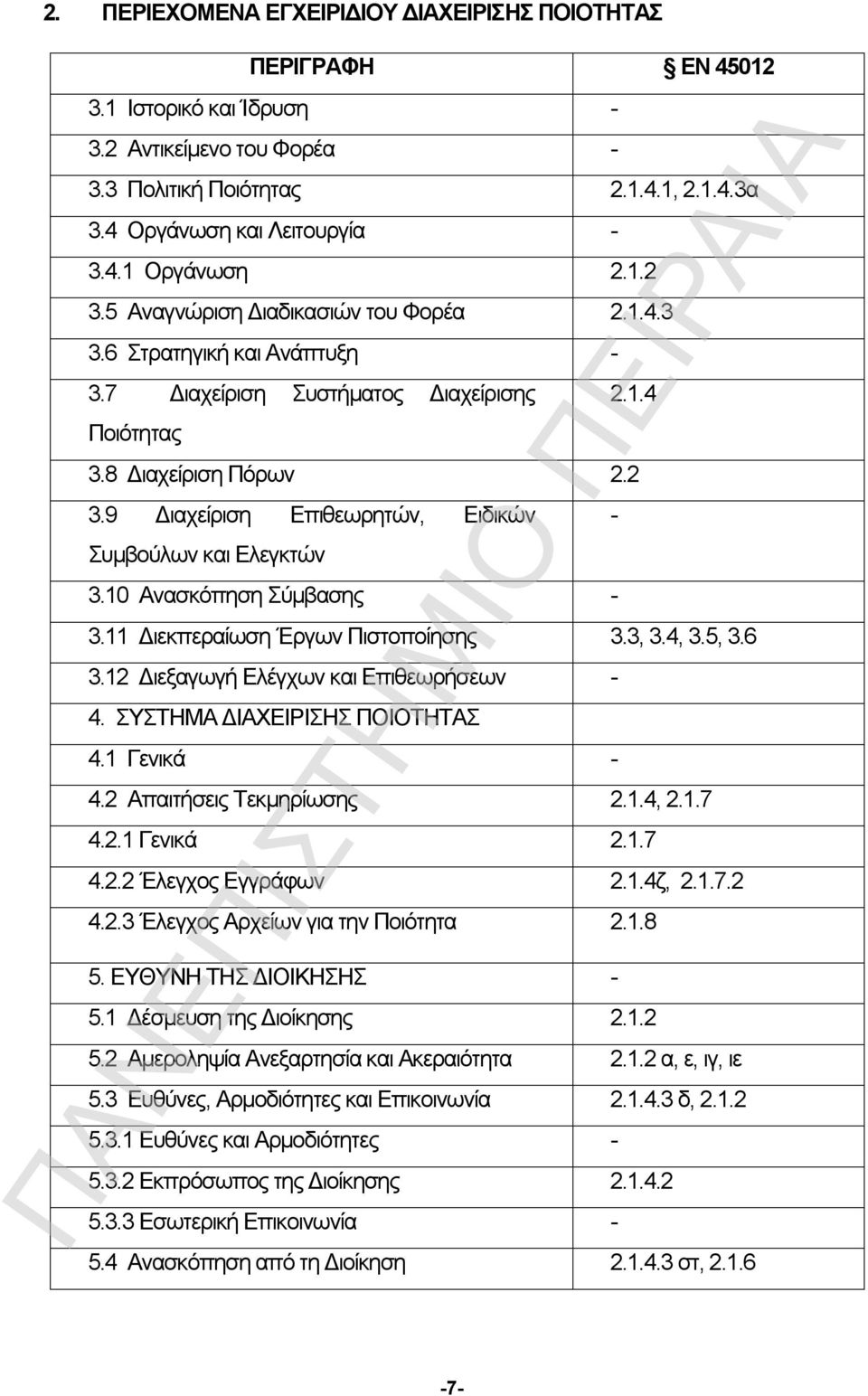 10 Ανασκόπηση Σύμβασης - 3.11 Διεκπεραίωση Έργων Πιστοποίησης 3.3, 3.4, 3.5, 3.6 3.12 Διεξαγωγή Ελέγχων και Επιθεωρήσεων - 4. ΣΥΣΤΗΜΑ ΔΙΑΧΕΙΡΙΣΗΣ ΠΟΙΟΤΗΤΑΣ 4.1 Γενικά - 4.2 Απαιτήσεις Τεκμηρίωσης 2.1.4, 2.