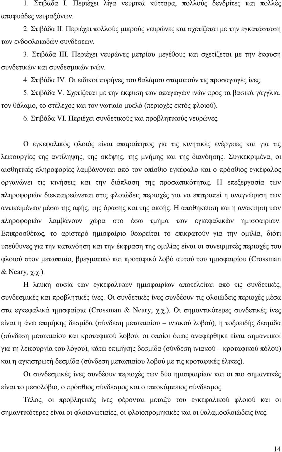 Περιέχει νευρώνες μετρίου μεγέθους και σχετίζεται με την έκφυση συνδετικών και συνδεσμικών ινών. 4. Στιβάδα ΙV. Οι ειδικοί πυρήνες του θαλάμου σταματούν τις προσαγωγές ίνες. 5. Στιβάδα V.