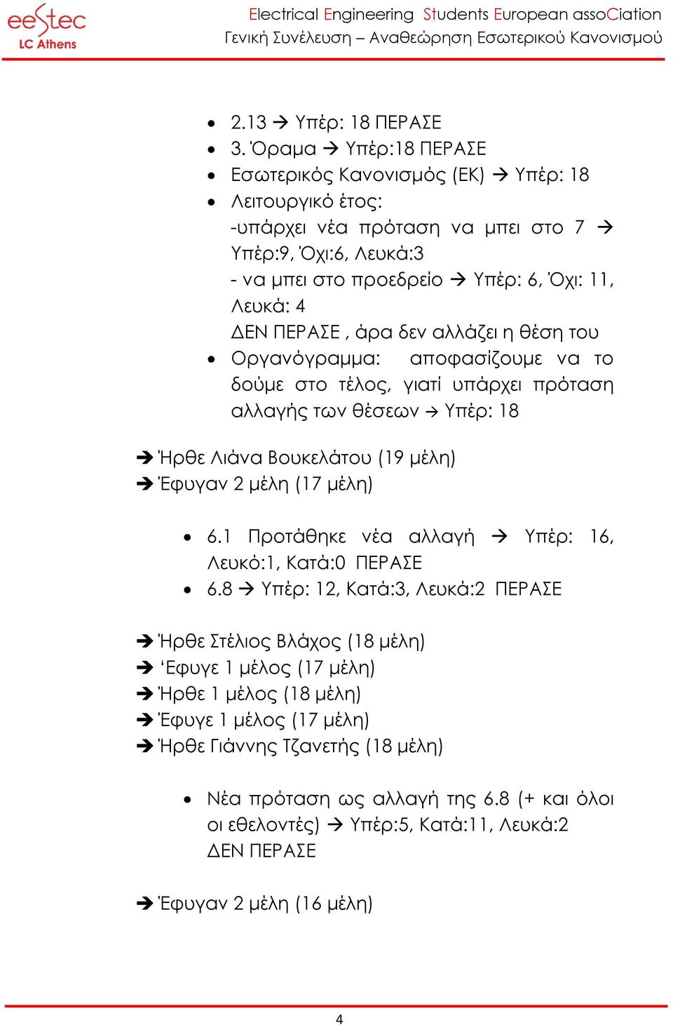 ΔΕΝ ΠΕΡΑΣΕ, άρα δεν αλλάζει η θέση του Οργανόγραμμα: αποφασίζουμε να το δούμε στο τέλος, γιατί υπάρχει πρόταση αλλαγής των θέσεων Υπέρ: 18 Ήρθε Λιάνα Βουκελάτου (19 μέλη) Έφυγαν 2 μέλη