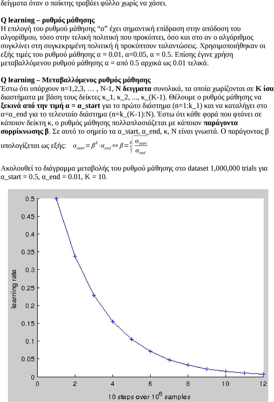 συγκεκριμένη πολιτική ή προκύπτουν ταλαντώσεις. Χρησιμοποιήθηκαν οι εξής τιμές του ρυθμού μάθησης α = 0.01, α=0.05, α = 0.5. Επίσης έγινε χρήση μεταβαλλόμενου ρυθμού μάθησης α = από 0.5 αρχικά ως 0.