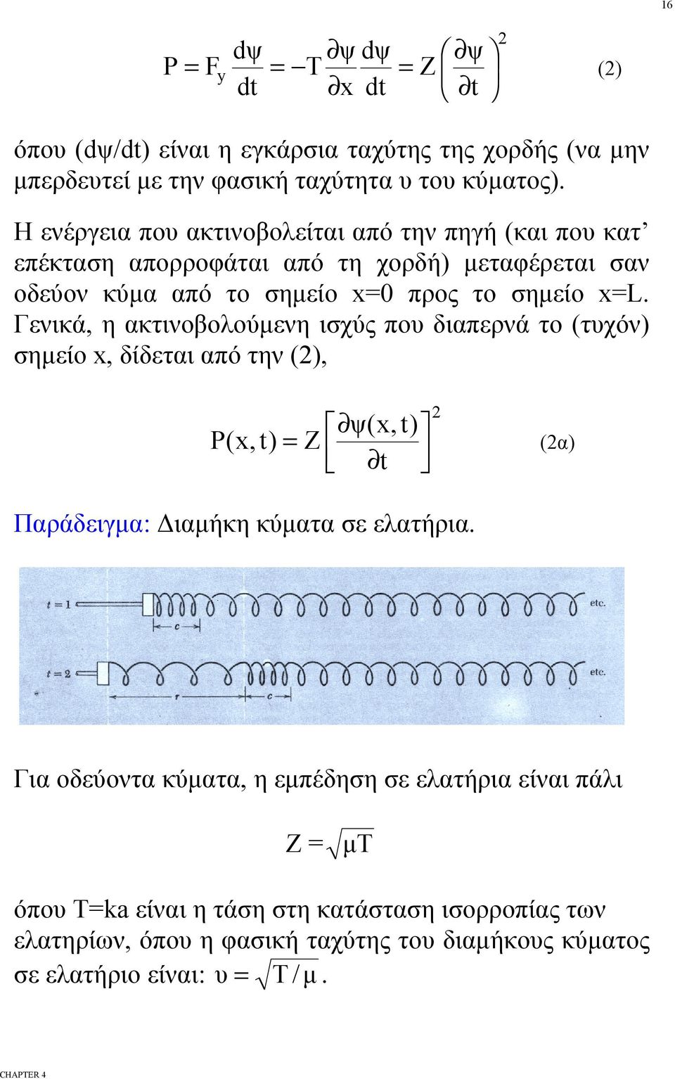 Γενικά, η ακτινβλύμενη ισχύς πυ διαπερνά τ (τυχόν σημεί x, δίδεται από την (, P(x, t ψ(x, t Ζ t = (α Παράδειγμα: Διαμήκη κύματα σε ελατήρια.