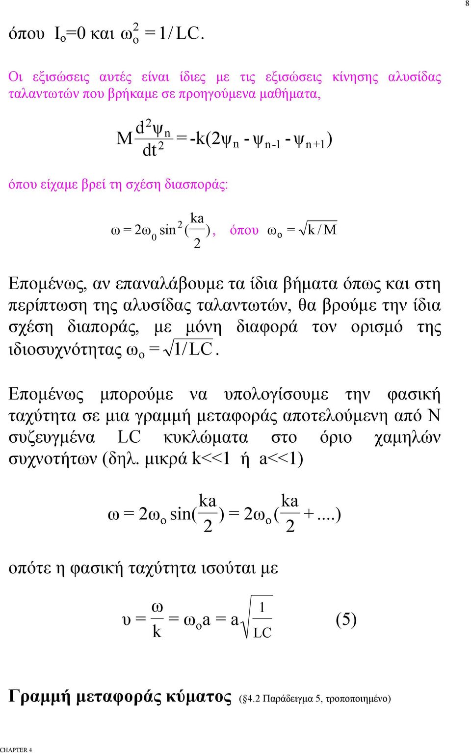 διασπράς: ω = ω 0 sin k (, όπυ ω = k / M Eπμένως, αν επαναλάβυμε τα ίδια βήματα όπως και στη περίπτωση της αλυσίδας ταλαντωτών, θα βρύμε την ίδια σχέση διαπράς, με μόνη