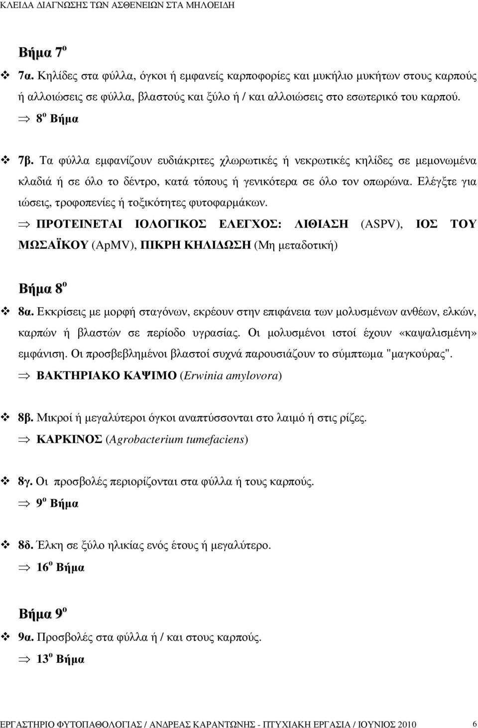 Ελέγξτε για ιώσεις, τροφοπενίες ή τοξικότητες φυτοφαρµάκων. ΠΡΟΤΕΙΝΕΤΑΙ ΙΟΛΟΓΙΚΟΣ ΕΛΕΓΧΟΣ: ΛΙΘΙΑΣΗ (ASPV), ΙΟΣ ΤΟΥ ΜΩΣΑΪΚΟΥ (ApMV), ΠΙΚΡΗ ΚΗΛΙ ΩΣΗ (Μη µεταδοτική) Βήµα 8 ο 8α.