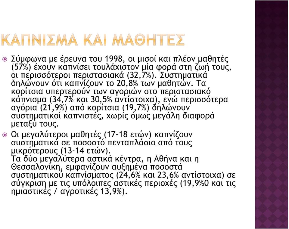 Τα κορίτσια υπερτερούν των αγοριών στο περιστασιακό κάπνισμα (34,7% και 30,5% αντίστοιχα), ενώ περισσότερα αγόρια (21,9%) από κορίτσια (19,7%) δηλώνουν συστηματικοί καπνιστές, χωρίς όμως