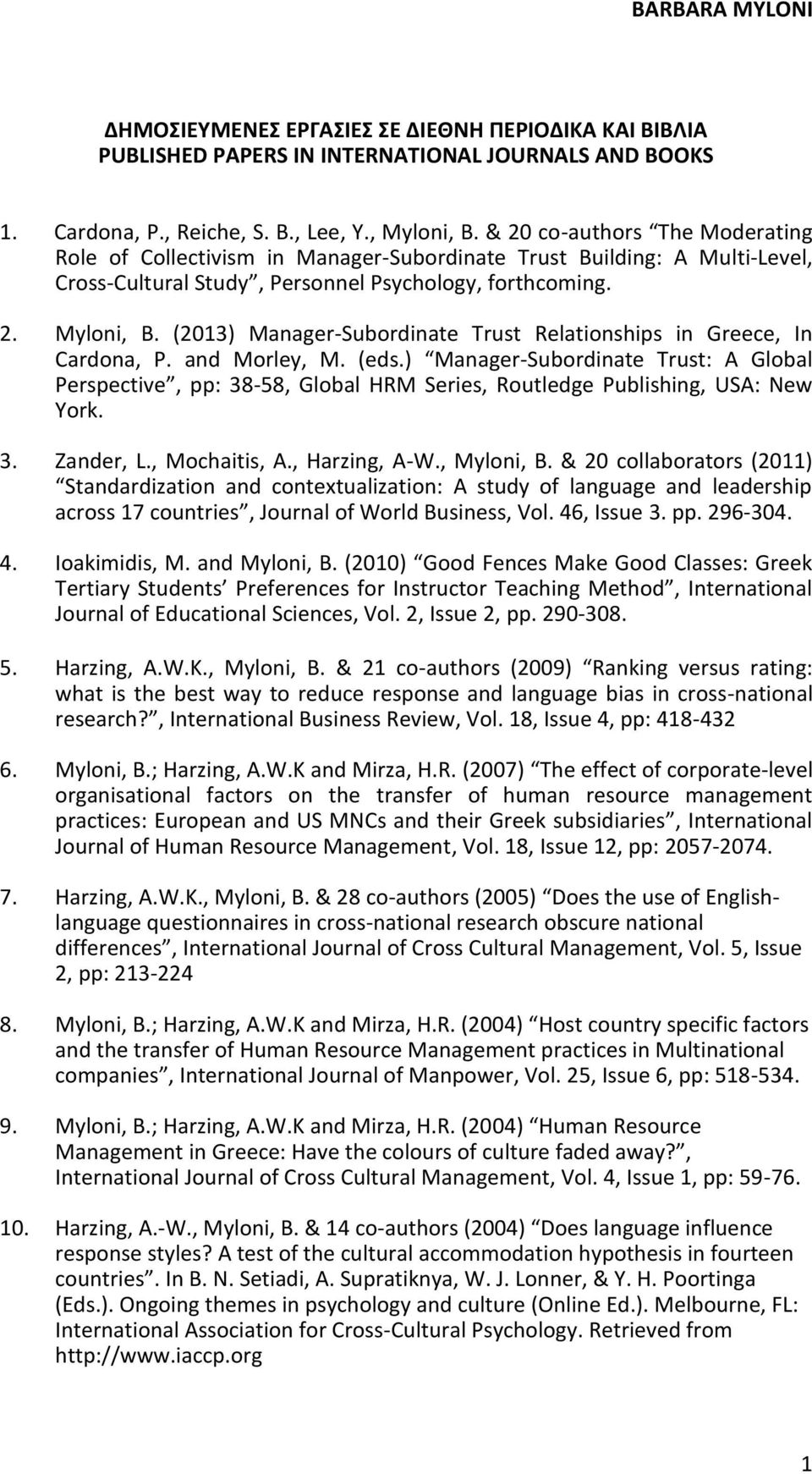 (2013) Manager-Subordinate Trust Relationships in Greece, In Cardona, P. and Morley, M. (eds.