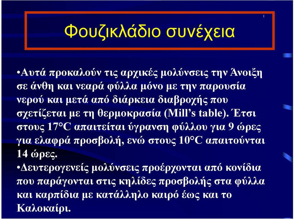 Έτσι στους 17 C απαιτείται ύγρανση φύλλου για 9 ώρες για ελαφρά προσβολή, ενώ στους 10 C απαιτούνται 14 ώρες.