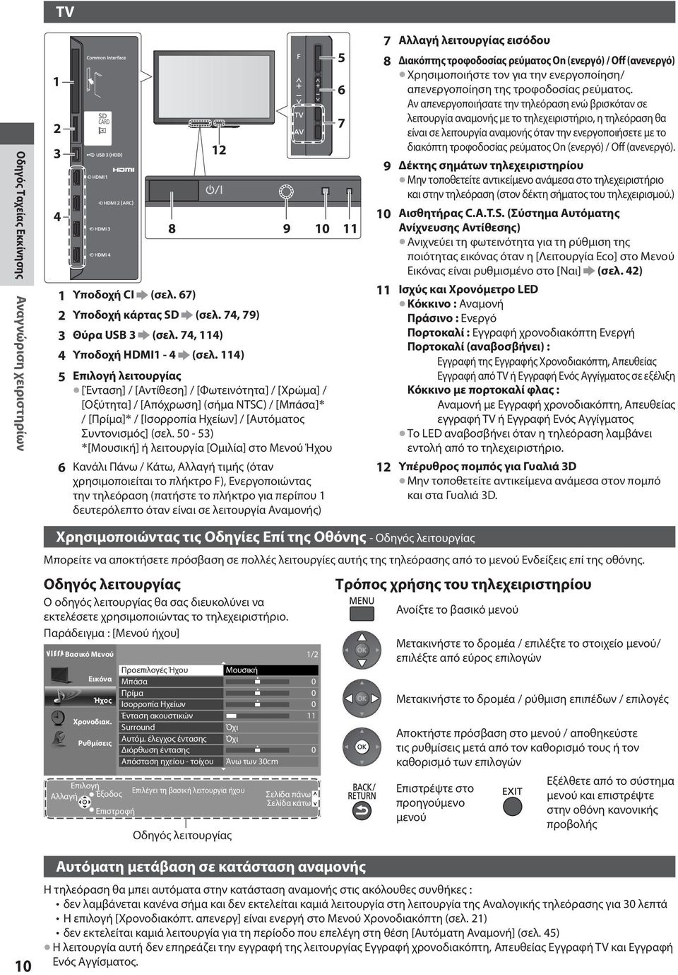 50-53) [Μουσική] ή λειτουργία [Ομιλία] στο Μενού Ήχου 6Κανάλι Πάνω / Κάτω, Αλλαγή τιμής (όταν χρησιμοποιείται το πλήκτρο F), Ενεργοποιώντας την τηλεόραση (πατήστε το πλήκτρο για περίπου 1