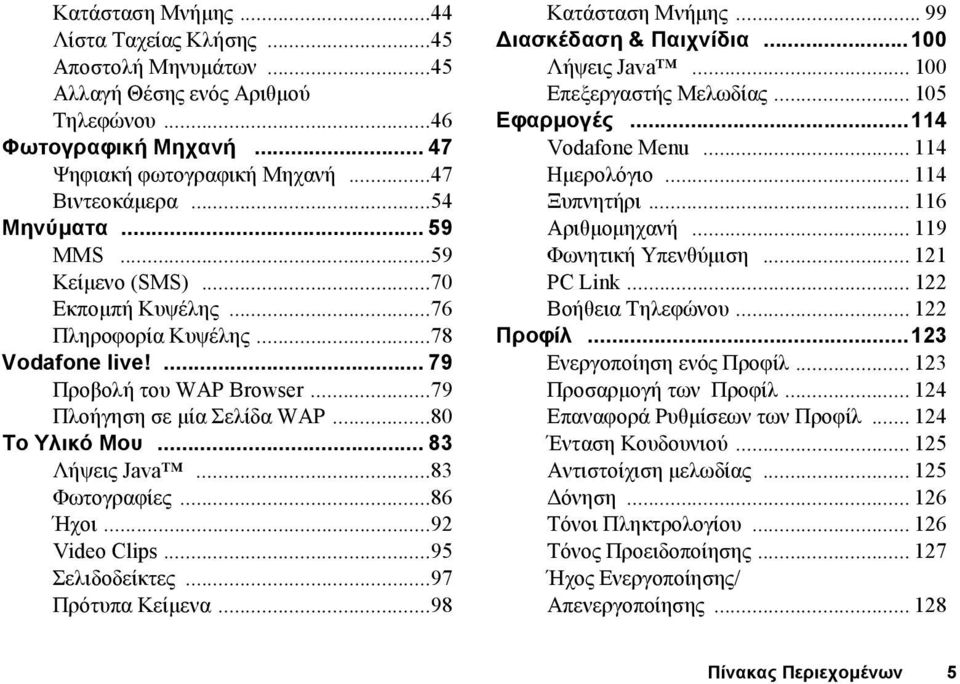 ..83 Φωτογραφίες...86 Ήχοι...92 Video Clips...95 Σελιδοδείκτες...97 Πρότυπα Κείµενα...98 Κατάσταση Μνήµης... 99 ιασκέδαση & Παιχνίδια...100 Λήψεις Java... 100 Επεξεργαστής Μελωδίας... 105 Εφαρµογές.