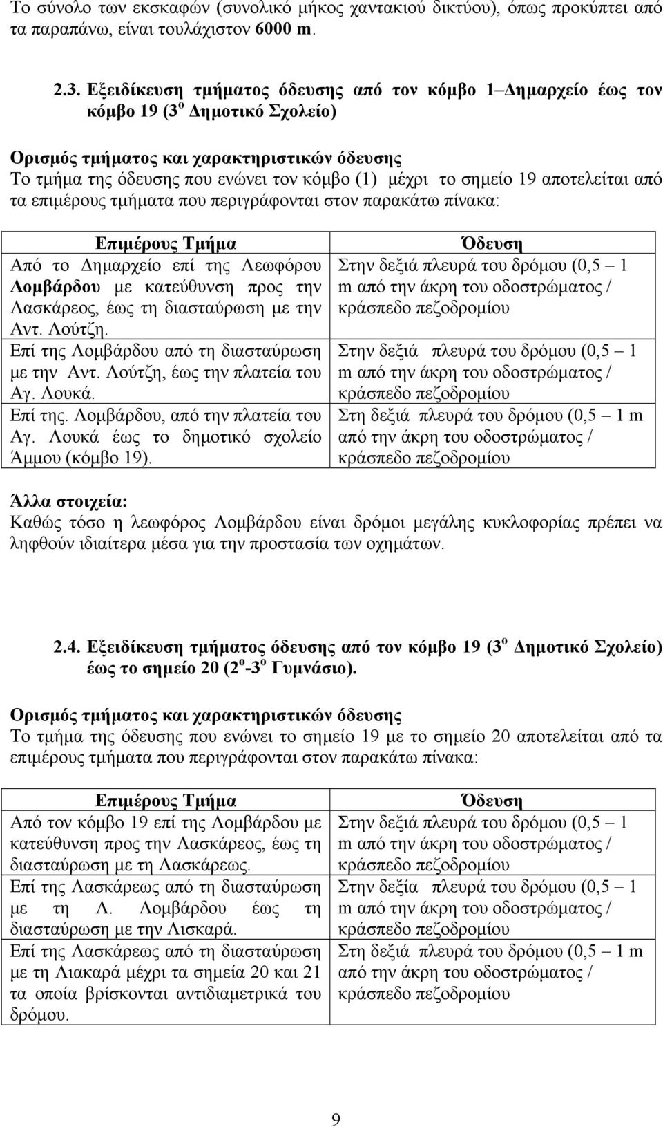 19 αποτελείται από τα επιµέρους τµήµατα που περιγράφονται στον παρακάτω πίνακα: Επιµέρους Τµήµα Από το ηµαρχείο επί της Λεωφόρου Λοµβάρδου µε κατεύθυνση προς την Λασκάρεος, έως τη διασταύρωση µε την