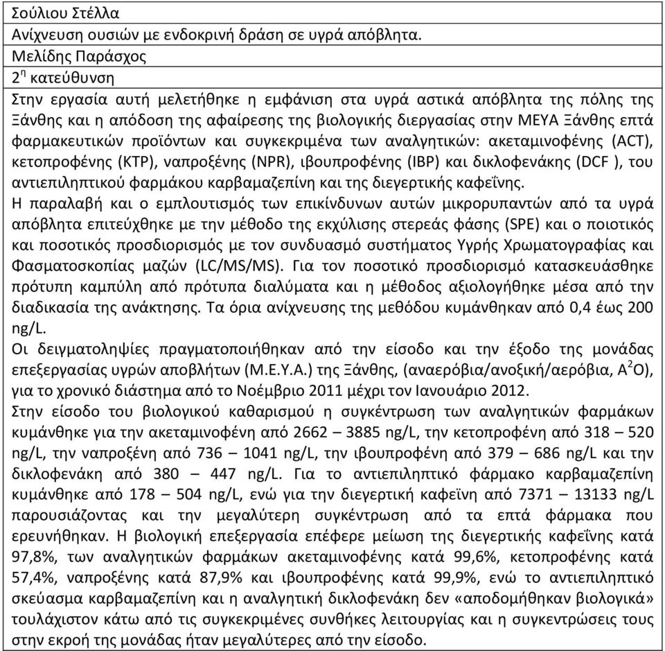 προϊόντων και συγκεκριμένα των αναλγητικών: ακεταμινοφένης (ACT), κετοπροφένης (KTP), ναπροξένης (NPR), ιβουπροφένης (IBP) και δικλοφενάκης (DCF ), του αντιεπιληπτικού φαρμάκου καρβαμαζεπίνη και της