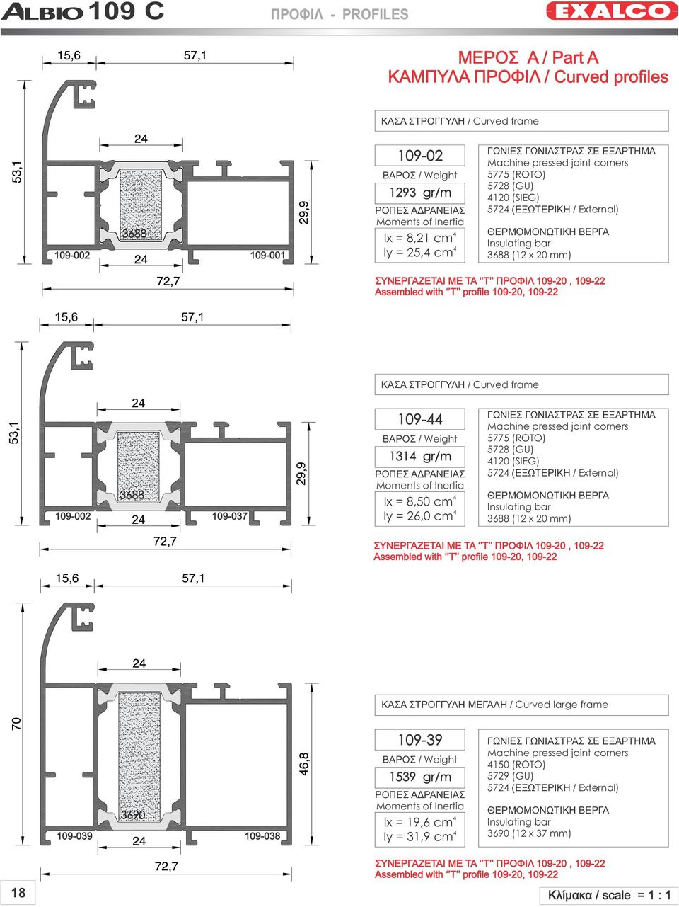 109-0, 109- Assembled with T profile 109-0, 109- ΚΑΣΑ ΣΤΡΟΓΓΥΛΗ / Curved frame 3688 109-00 109-037 109-131 gr/m ΡΟΠΕΣ ΑΔΡΑΝΕΙΑΣ Moments of Inertia Ix = 8,50 cm Iy = 6,0 cm  109-0, 109- Assembled with