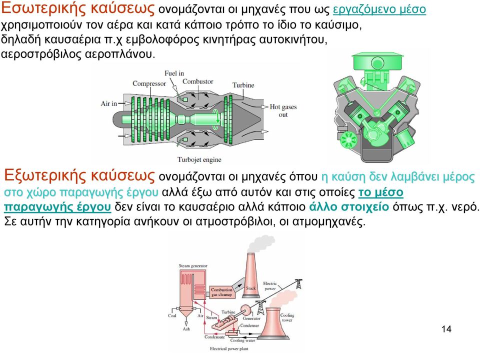 Εξωτερικής καύσεως ονομάζονται οι μηχανές όπου η καύση καύση δεν λαμβάνει μέρος στο χώρο παραγωγής έργου αλλά έξω από αυτόν