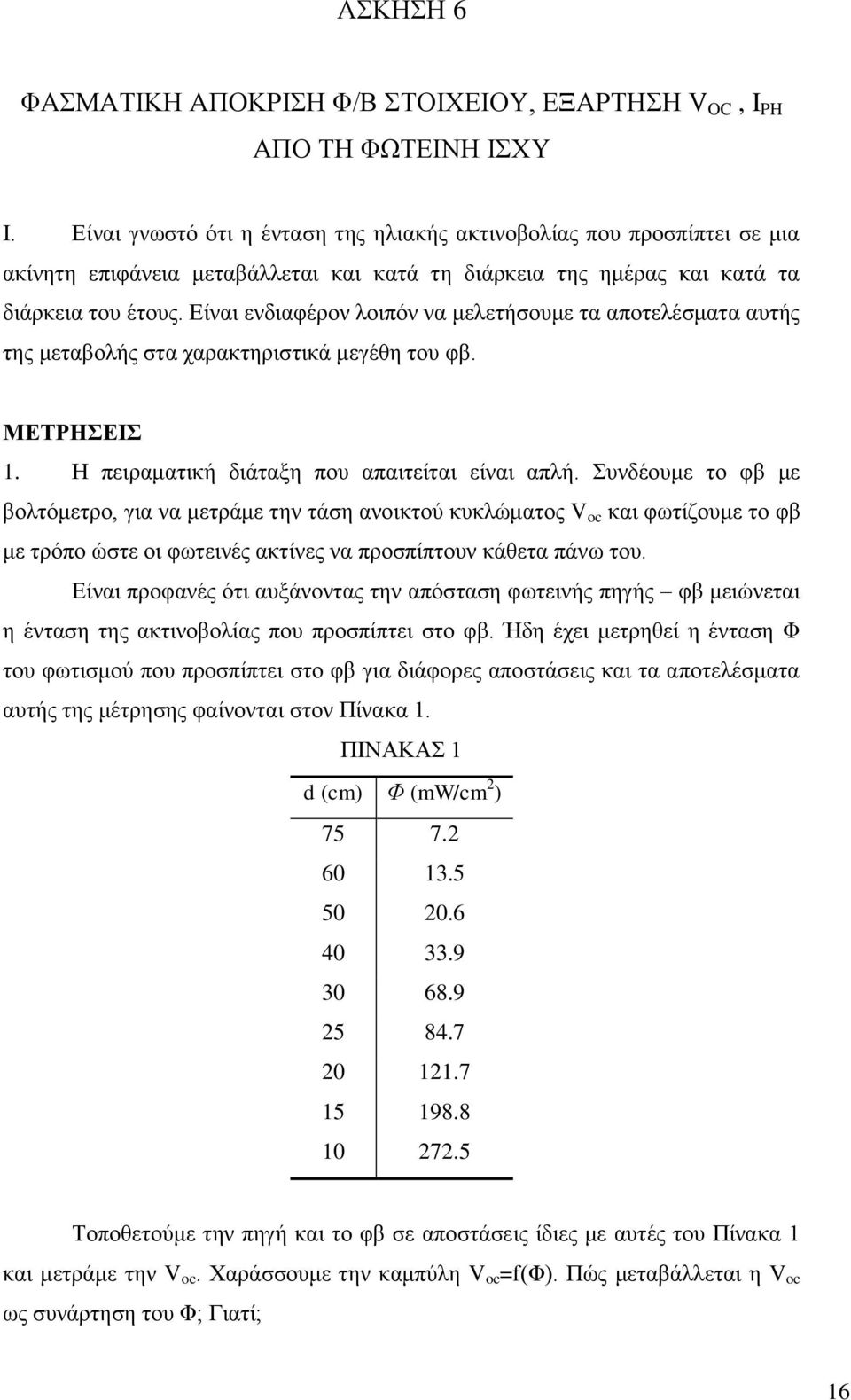 Είναι ενδιαφέρον λοιπόν να μελετήσουμε τα αποτελέσματα αυτής της μεταβολής στα χαρακτηριστικά μεγέθη του φβ. ΜΕΤΡΗΣΕΙΣ 1. Η πειραματική διάταξη που απαιτείται είναι απλή.