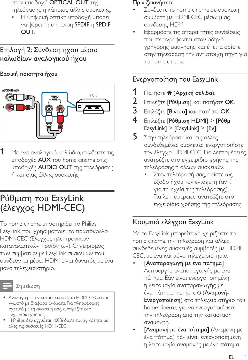 κάποιας άλλης συσκευής. Ρύθμιση του EasyLink (έλεγχος HDMI-CEC) Το home cinema υποστηρίζει το Philips EasyLink, που χρησιμοποιεί το πρωτόκολλο HDMI-CEC (Έλεγχος ηλεκτρονικών καταναλωτικών προϊόντων).