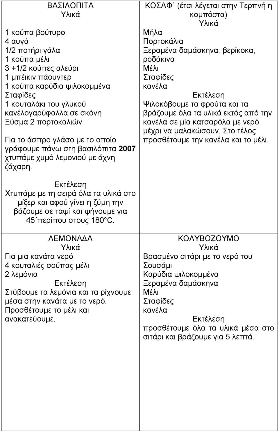 ΚΟΣΑΦ` (έτσι λέγεται στην Τερπνή η κοµπόστα) Μήλα Πορτοκάλια Ξεραµένα δαµάσκηνα, βερίκοκα, ροδάκινα κανέλα Ψιλοκόβουµε τα φρούτα και τα βράζουµε όλα τα υλικά εκτός από την κανέλα σε µία κατσαρόλα µε