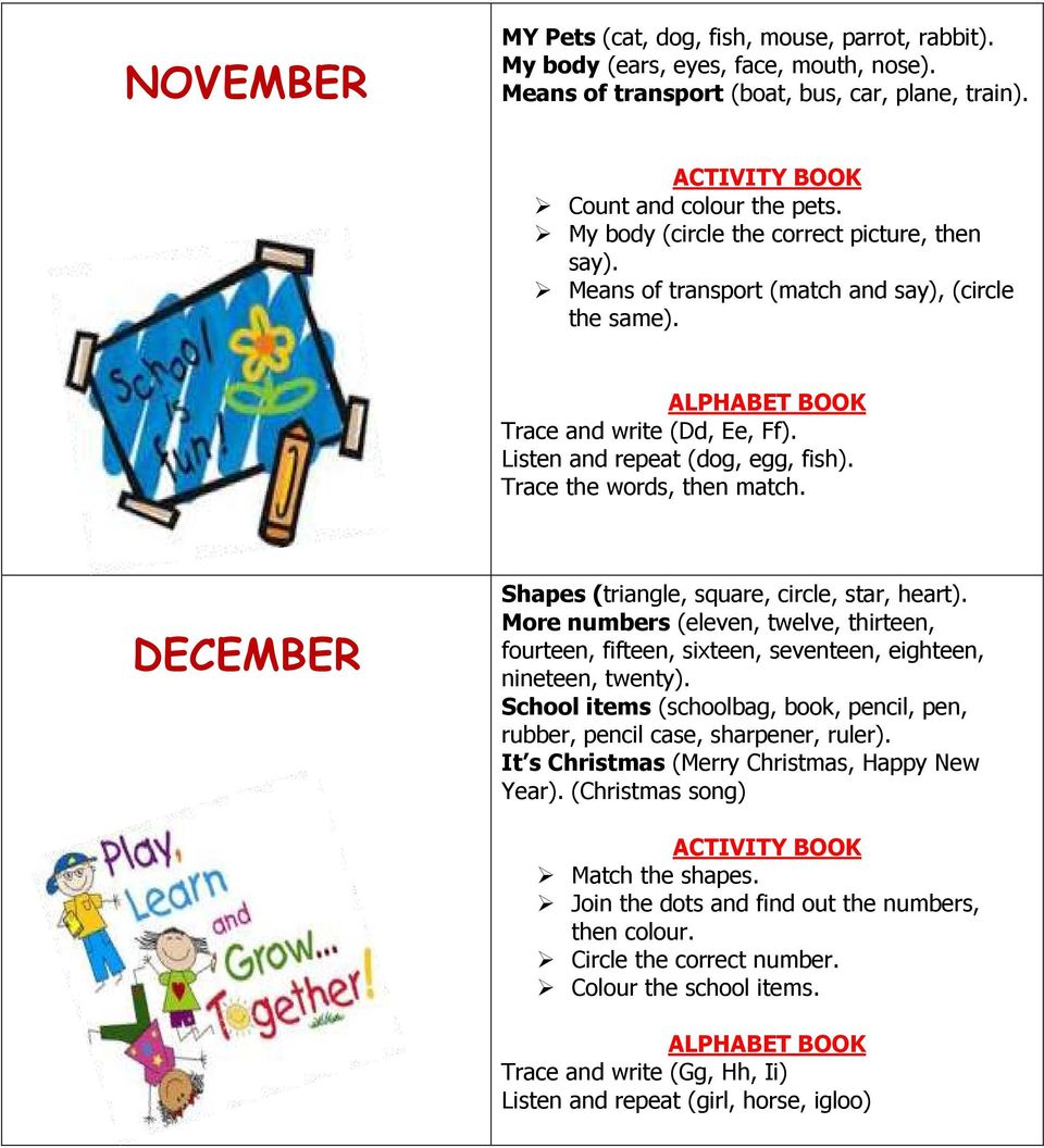 Trace the words, then match. DECEMBER Shapes (triangle, square, circle, star, heart). More numbers (eleven, twelve, thirteen, fourteen, fifteen, sixteen, seventeen, eighteen, nineteen, twenty).