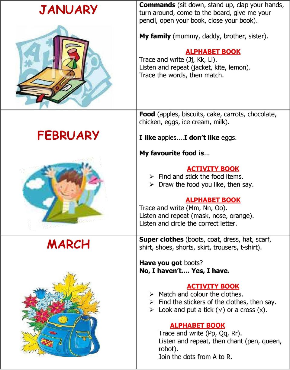 FEBRUARY Food (apples, biscuits, cake, carrots, chocolate, chicken, eggs, ice cream, milk). I like apples...i don t like eggs. My favourite food is... ACTIVITY BOOK Find and stick the food items.