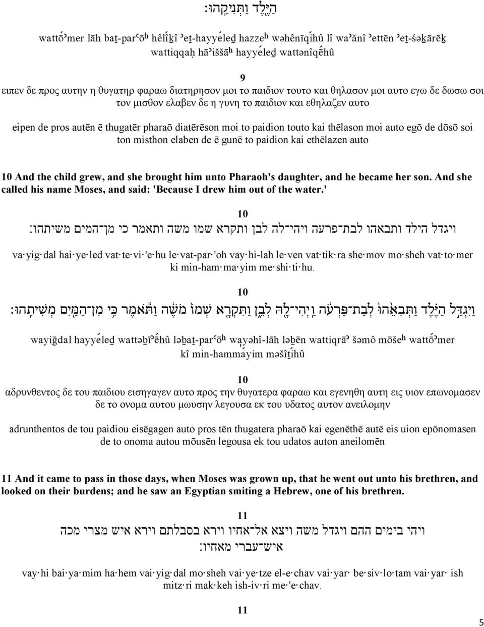 thēlason moi auto egō de dōsō soi ton misthon elaben de ē gunē to paidion kai ethēlazen auto 10 And the child grew, and she brought him unto Pharaoh's daughter, and he became her son.