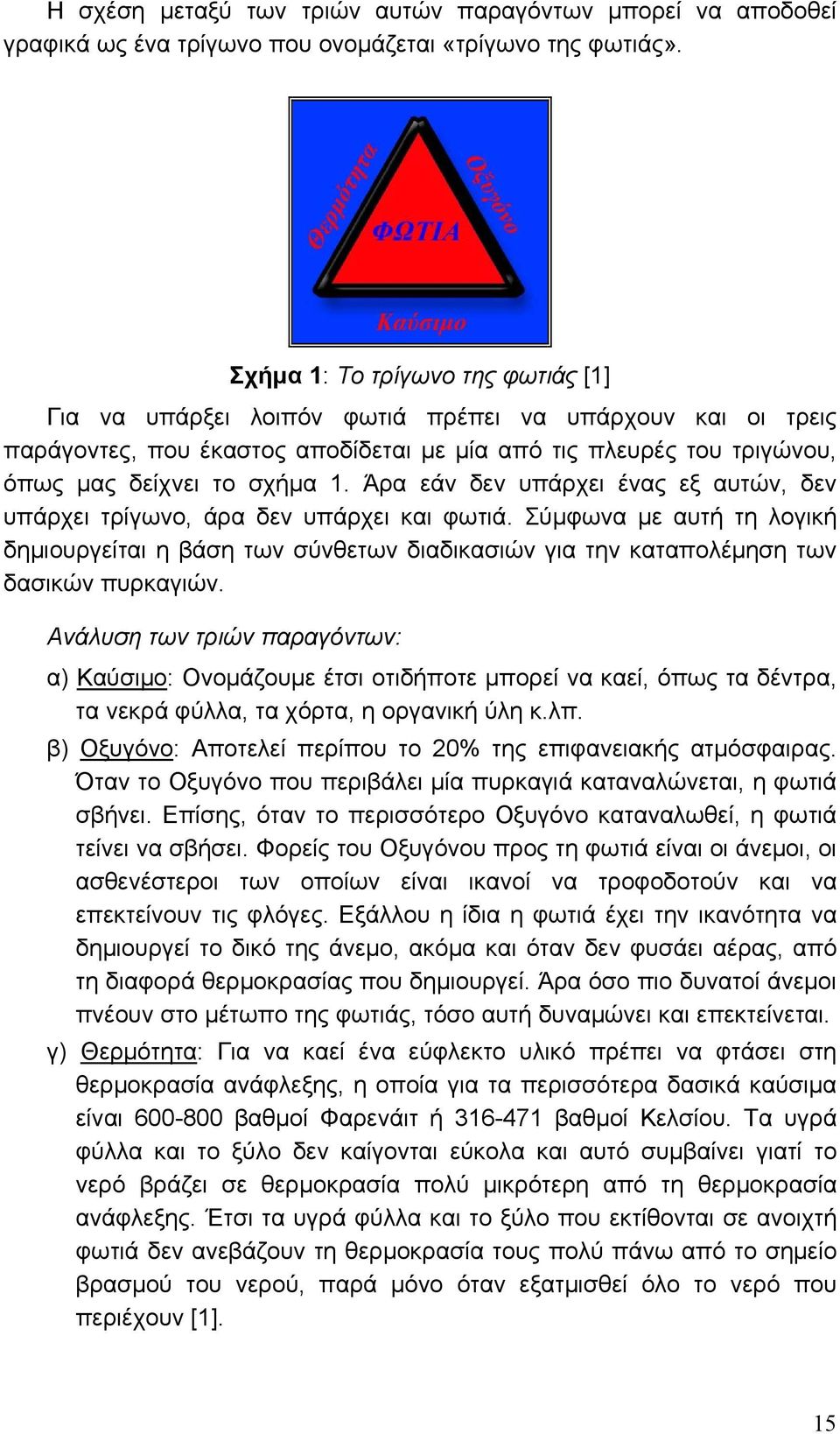 Άρα εάν δεν υπάρχει ένας εξ αυτών, δεν υπάρχει τρίγωνο, άρα δεν υπάρχει και φωτιά. Σύμφωνα με αυτή τη λογική δημιουργείται η βάση των σύνθετων διαδικασιών για την καταπολέμηση των δασικών πυρκαγιών.