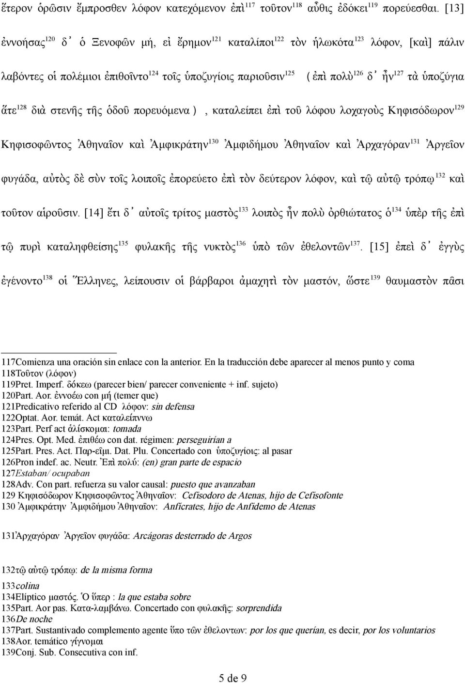 ἅτε 128 διὰ στενῆς τῆς ὁδοῦ πορευόμενα ), καταλείπει ἐπὶ τοῦ λόφου λοχαγοὺς Κηφισόδωρον 129 Κηφισοφῶντος Ἀθηναῖον καὶ Ἀμφικράτην 130 Ἀμφιδήμου Ἀθηναῖον καὶ Ἀρχαγόραν 131 Ἀργεῖον φυγάδα, αὐτὸς δὲ σὺν