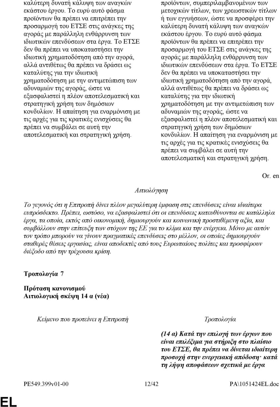 Το ΕΤΣΕ δεν θα πρέπει να υποκαταστήσει την ιδιωτική χρηματοδότηση από την αγορά, αλλά αντιθέτως θα πρέπει να δράσει ως καταλύτης για την ιδιωτική χρηματοδότηση με την αντιμετώπιση των αδυναμιών της