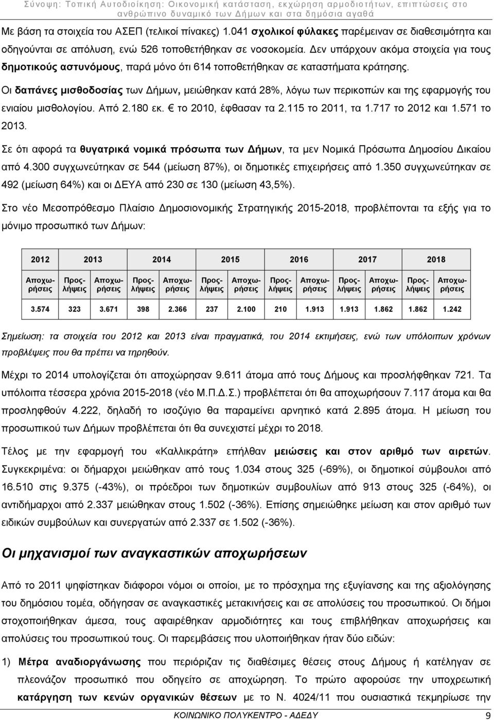 Οι δαπάνες μισθοδοσίας των Δήμων, μειώθηκαν κατά 28%, λόγω των περικοπών και της εφαρμογής του ενιαίου μισθολογίου. Από 2.180 εκ. το 2010, έφθασαν τα 2.115 το 2011, τα 1.717 το 2012 και 1.571 το 2013.