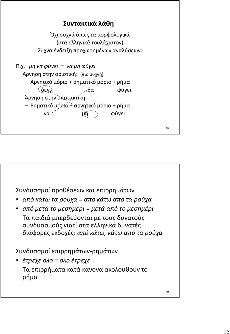 Αρνητικό μόριο + ρηματικό μόριο + ρήμα δεν θα φύγει Άρνηση στην υποτακτική: Ρηματικό μόριο + αρνητικό μόριο + ρήμα να μη φύγει 29 Συνδυασμοί προθέσεων και