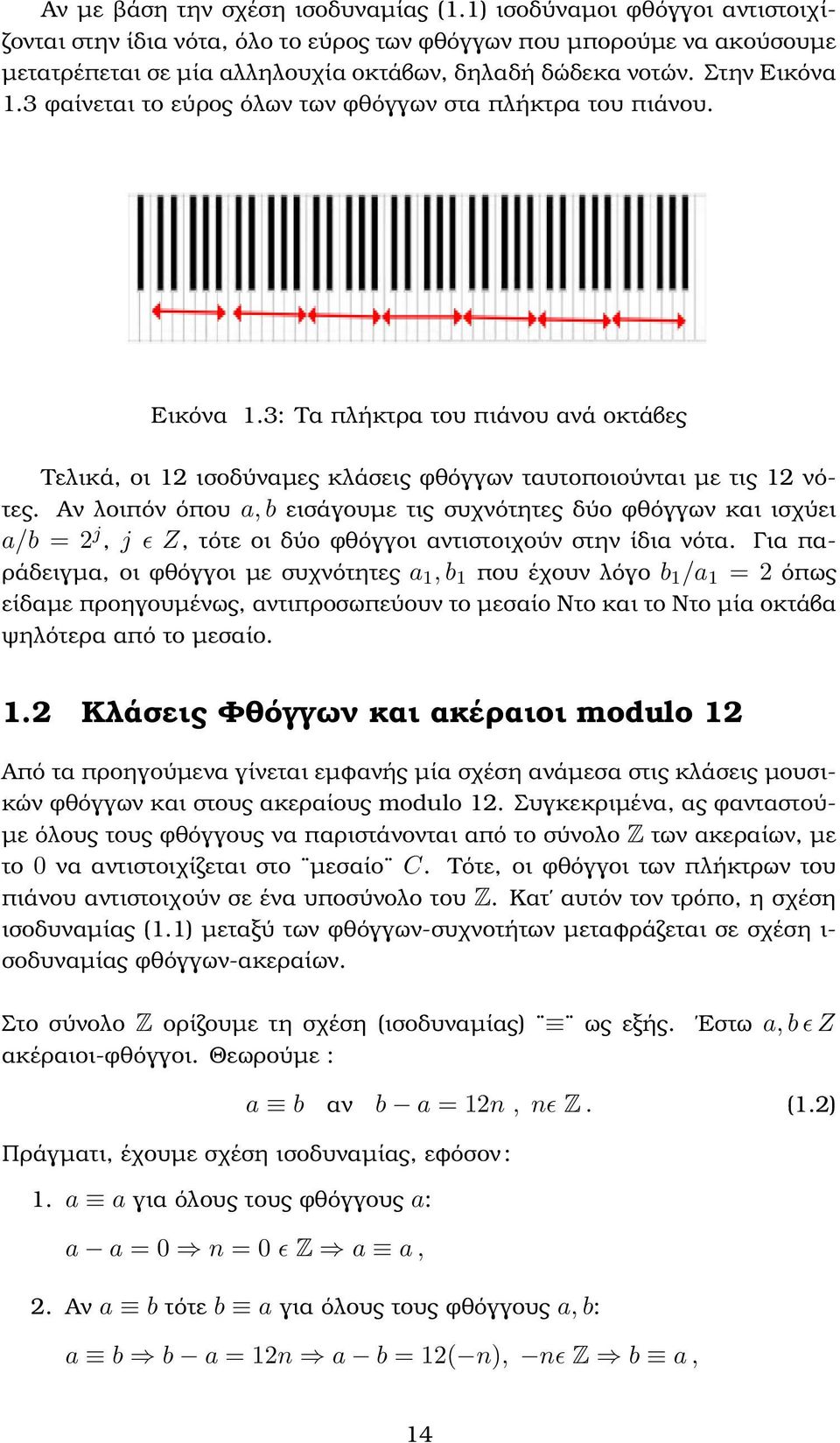 3 φαίνεται το εύρος όλων των φθόγγων στα πλήκτρα του πιάνου. Εικόνα 1.3: Τα πλήκτρα του πιάνου ανά οκτάβες Τελικά, οι 12 ισοδύναµες κλάσεις φθόγγων ταυτοποιούνται µε τις 12 νότες.