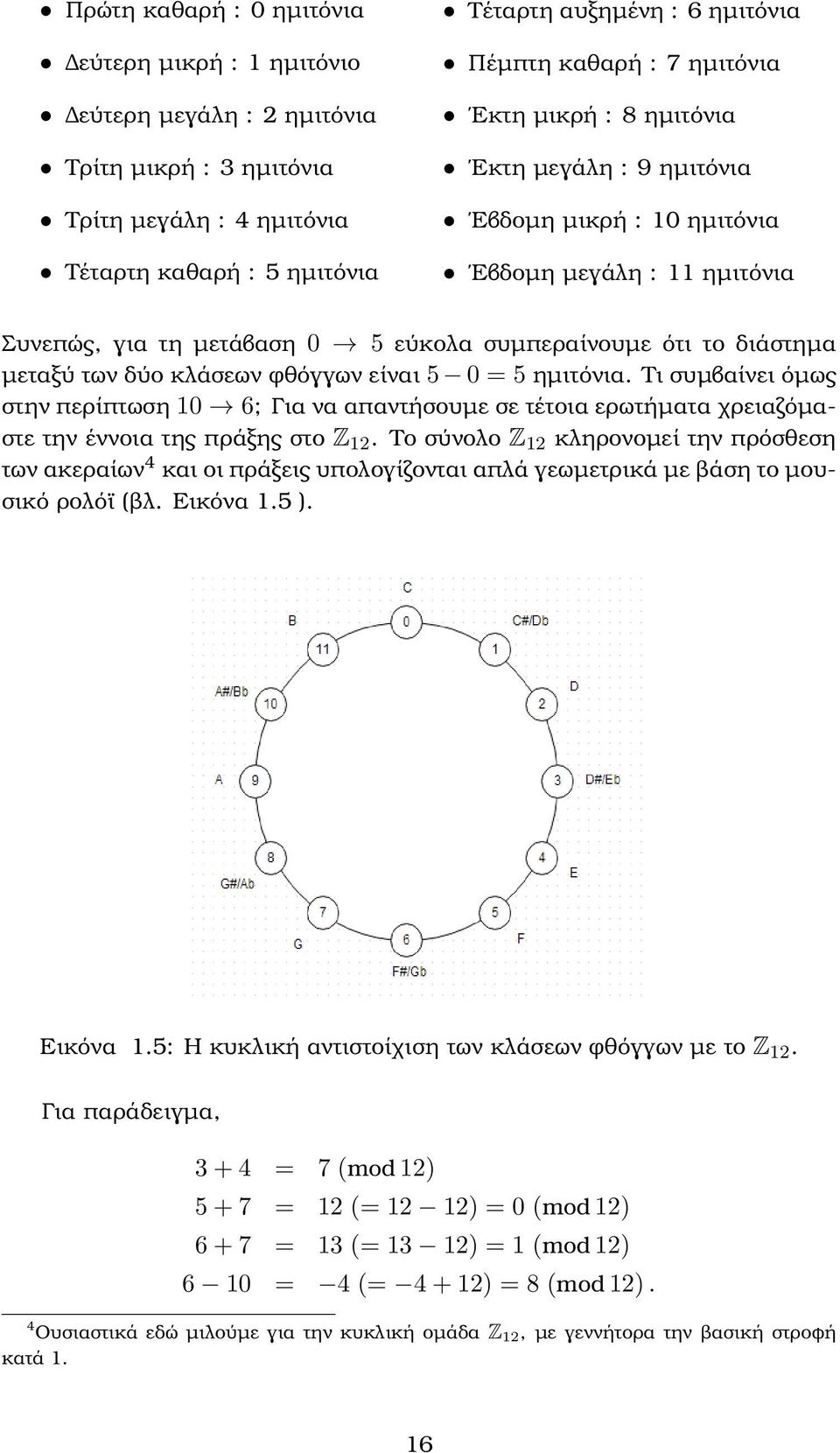 των δύο κλάσεων φθόγγων είναι 5 0 = 5 ηµιτόνια. Τι συµβαίνει όµως στην περίπτωση 10 6; Για να απαντήσουµε σε τέτοια ερωτήµατα χρειαζόµαστε την έννοια της πράξης στο Z 12.
