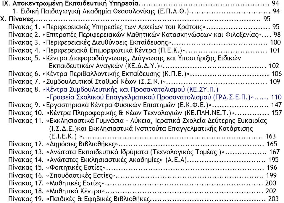 «Κέντρα ιαφοροδιάγνωσης, ιάγνωσης και Υποστήριξης Ειδικών Εκπαιδευτικών Αναγκών (ΚΕ...Υ.)»... 12 Πίνακας 6. «Κέντρα Περιβαλλοντικής Εκπαίδευσης (Κ.Π.Ε.)»... 16 Πίνακας 7.