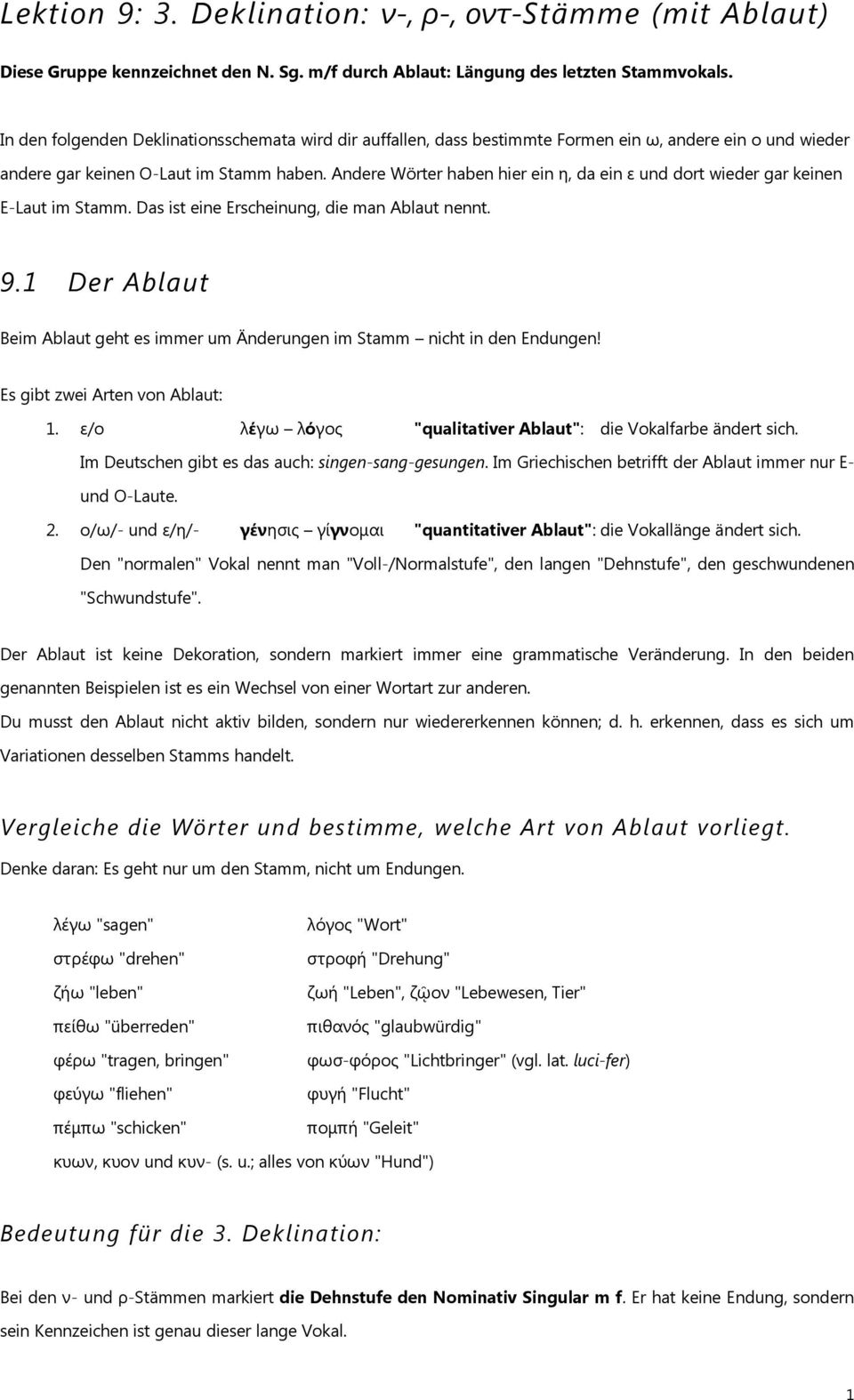 Andere Wörter haben hier ein η, da ein ε und dort wieder gar keinen E-Laut im Stamm. Das ist eine Erscheinung, die man Ablaut nennt. 9.