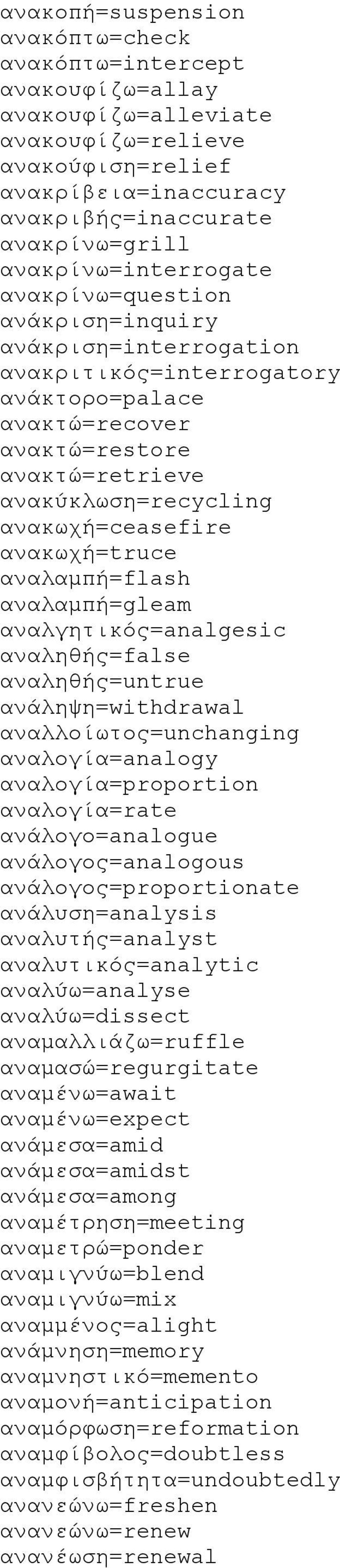 ανακωχή=ceasefire ανακωχή=truce αναλαμπή=flash αναλαμπή=gleam αναλγητικός=analgesic αναληθής=false αναληθής=untrue ανάληψη=withdrawal αναλλοίωτος=unchanging αναλογία=analogy αναλογία=proportion