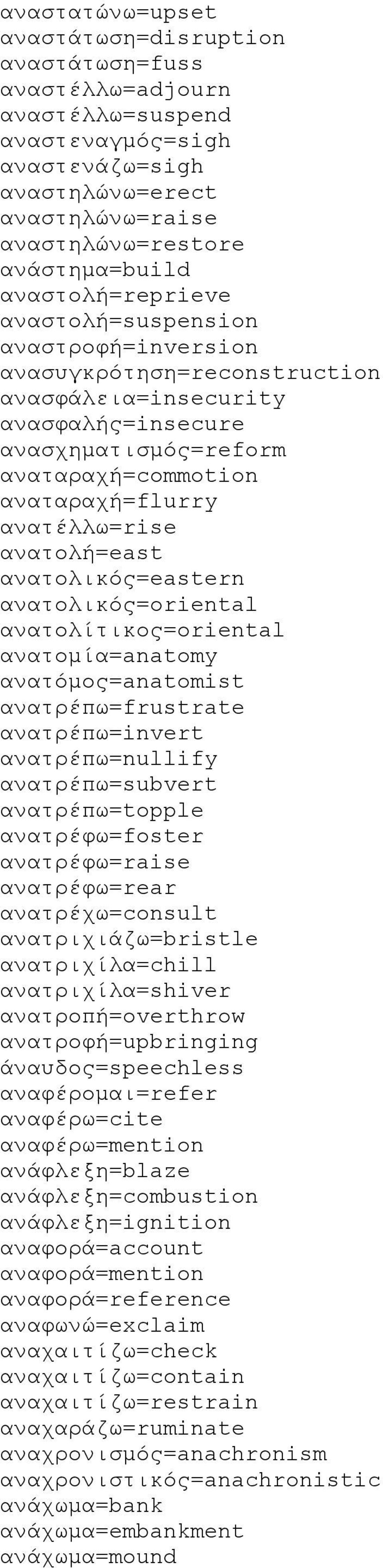 ανατέλλω=rise ανατολή=east ανατολικός=eastern ανατολικός=oriental ανατολίτικος=oriental ανατομία=anatomy ανατόμος=anatomist ανατρέπω=frustrate ανατρέπω=invert ανατρέπω=nullify ανατρέπω=subvert