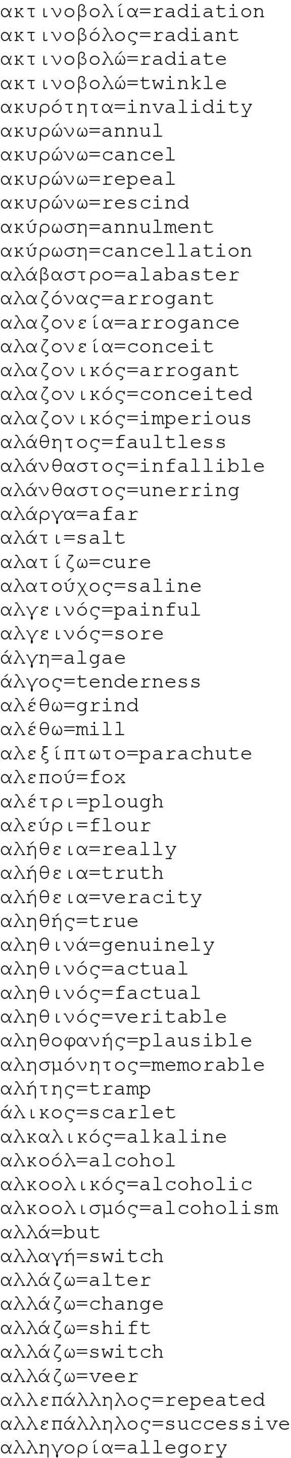 αλάργα=afar αλάτι=salt αλατίζω=cure αλατούχος=saline αλγεινός=painful αλγεινός=sore άλγη=algae άλγος=tenderness αλέθω=grind αλέθω=mill αλεξίπτωτο=parachute αλεπού=fox αλέτρι=plough αλεύρι=flour