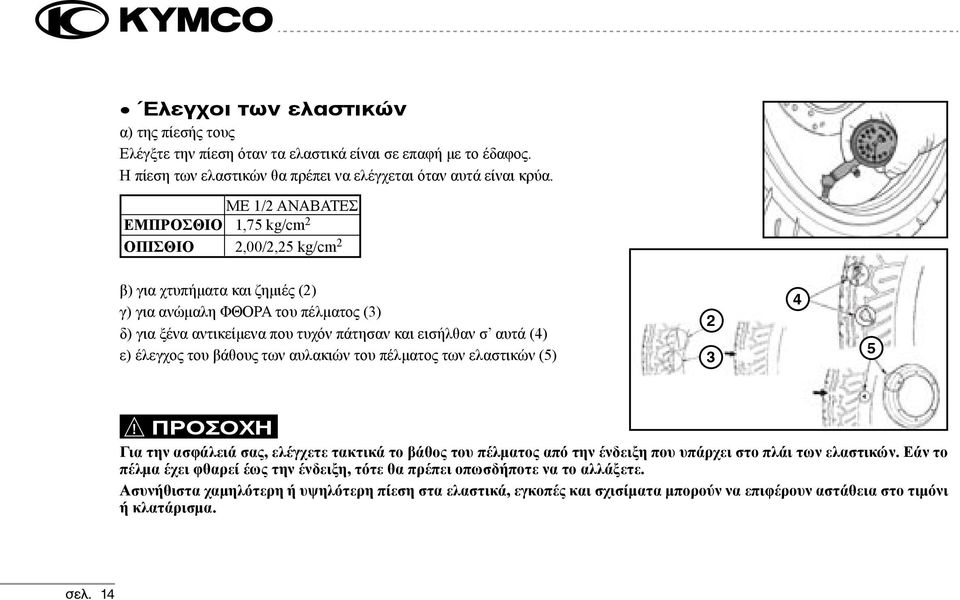 (4) ε) έλεγχος του βάθους των αυλακιών του πέλματος των ελαστικών (5) 2 3 4 5 ΠΡΟΣΟΧΗ Για την ασφάλειά σας, ελέγχετε τακτικά το βάθος του πέλματος από την ένδειξη που υπάρχει στο πλάι των ελαστικών.