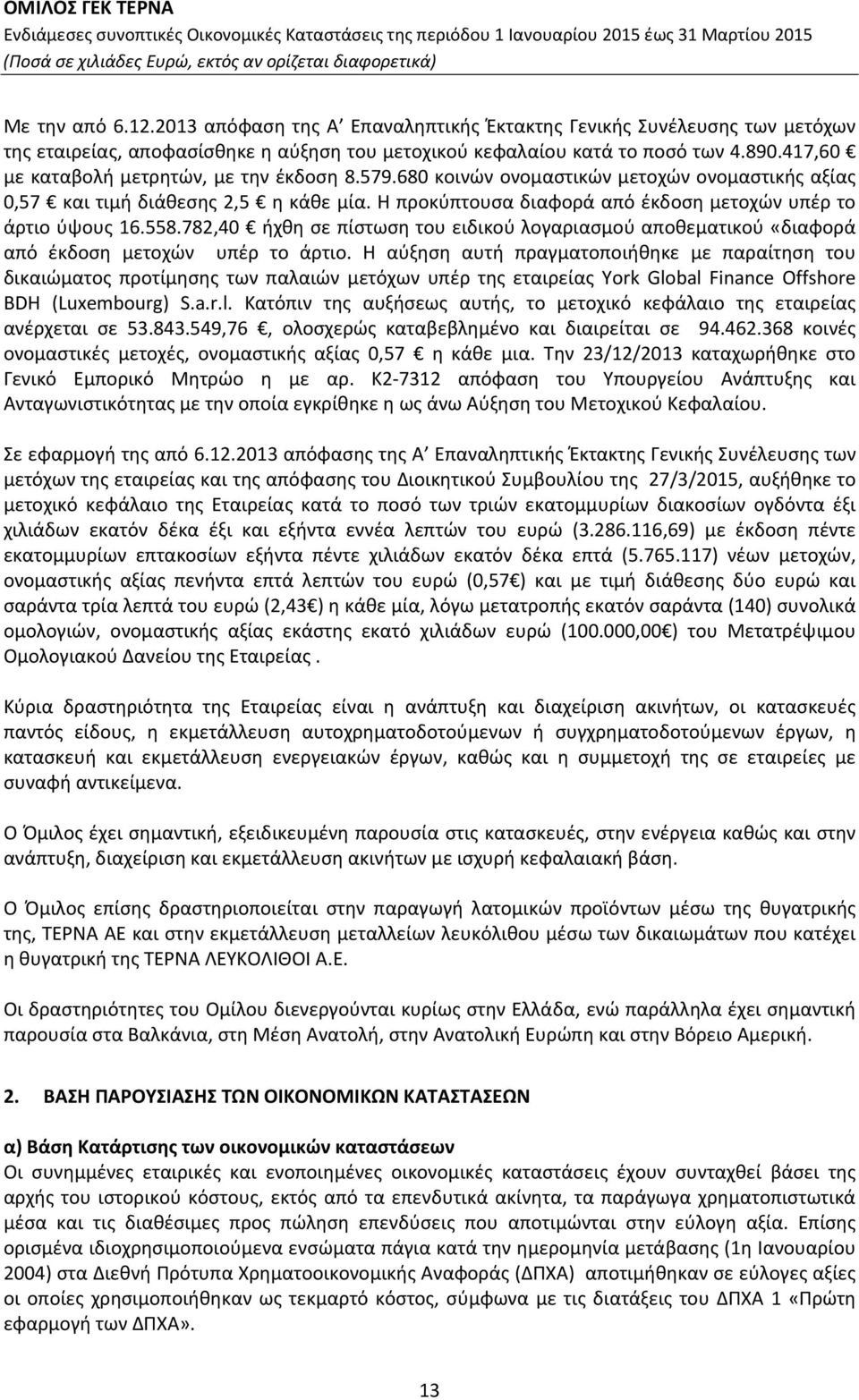 Η προκύπτουσα διαφορά από έκδοση μετοχών υπέρ το άρτιο ύψους 16.558.782,40 ήχθη σε πίστωση του ειδικού λογαριασμού αποθεματικού «διαφορά από έκδοση μετοχών υπέρ το άρτιο.