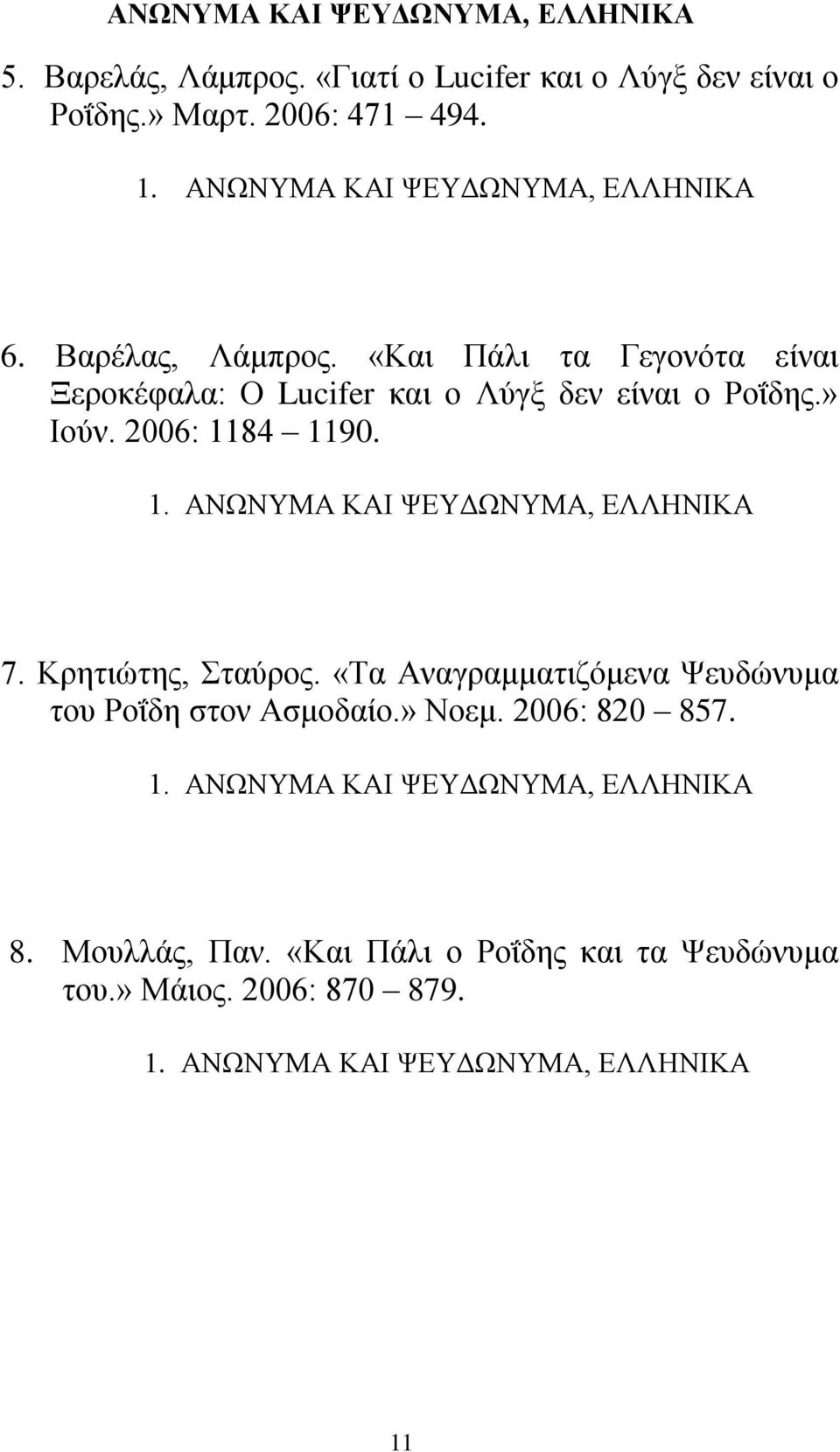 2006: 1184 1190. 1. ΑΝΩΝΥΜΑ ΚΑΙ ΨΕΥΔΩΝΥΜΑ, ΕΛΛΗΝΙΚΑ 7. Κρητιώτης, Σταύρος. «Τα Αναγραμματιζόμενα Ψευδώνυμα του Ροΐδη στον Ασμοδαίο.» Νοεμ.