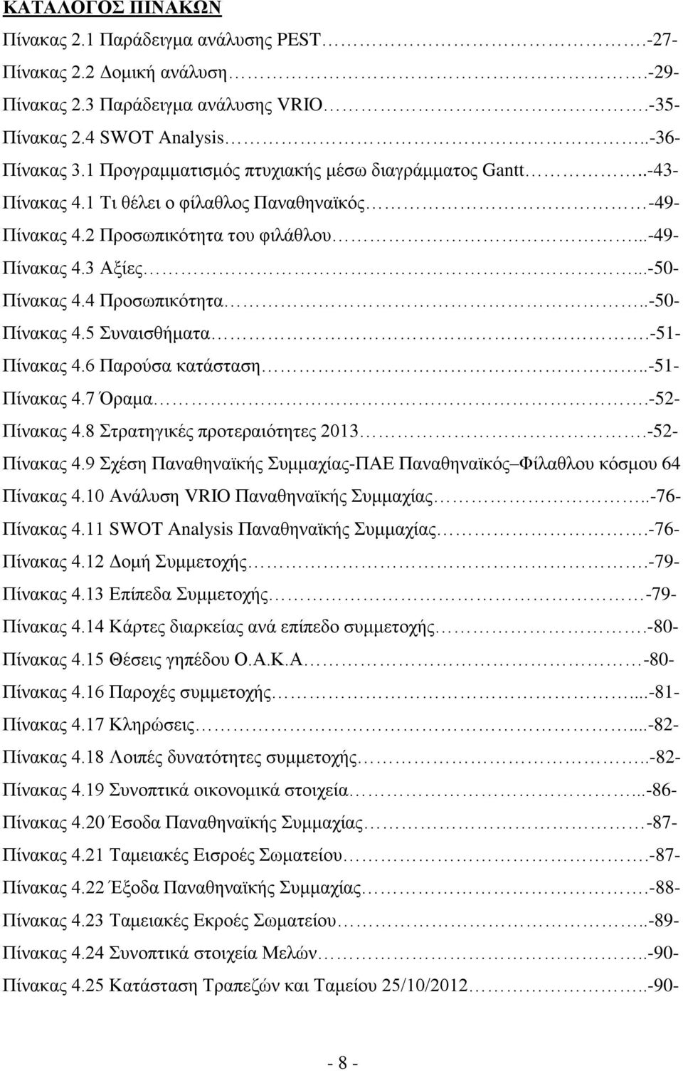 4 Προσωπικότητα..-50- Πίνακας 4.5 Συναισθήματα.-51- Πίνακας 4.6 Παρούσα κατάσταση..-51- Πίνακας 4.7 Όραμα.-52- Πίνακας 4.8 Στρατηγικές προτεραιότητες 2013.-52- Πίνακας 4.9 Σχέση Παναθηναϊκής Συμμαχίας-ΠΑΕ Παναθηναϊκός Φίλαθλου κόσμου 64 Πίνακας 4.