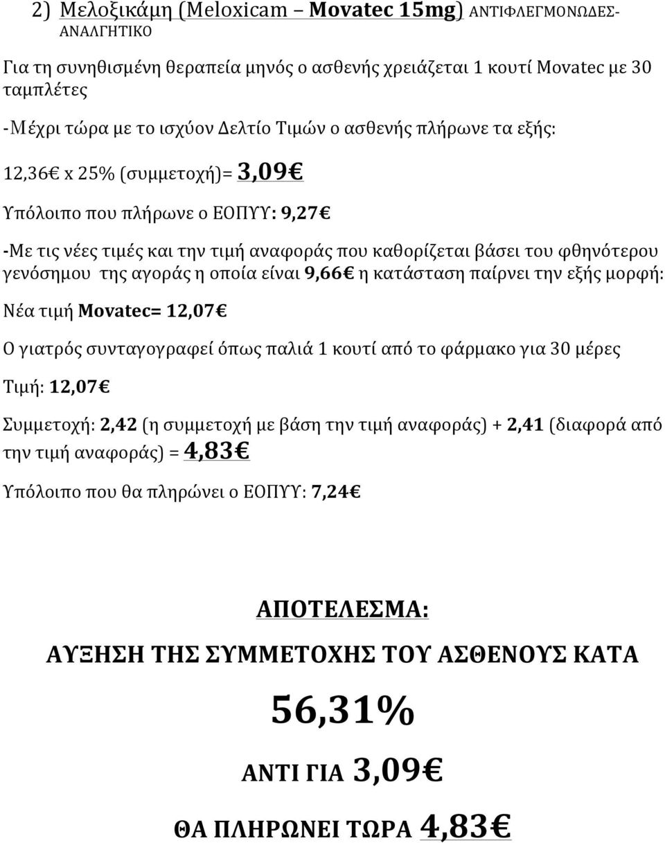 μορφή: Νέα τιμή Movatec= 12,07 Ο γιατρός συνταγογραφεί όπως παλιά 1 κουτί από το φάρμακο για 30 μέρες Τιμή: 12,07 Συμμετοχή: 2,42 (η συμμετοχή με