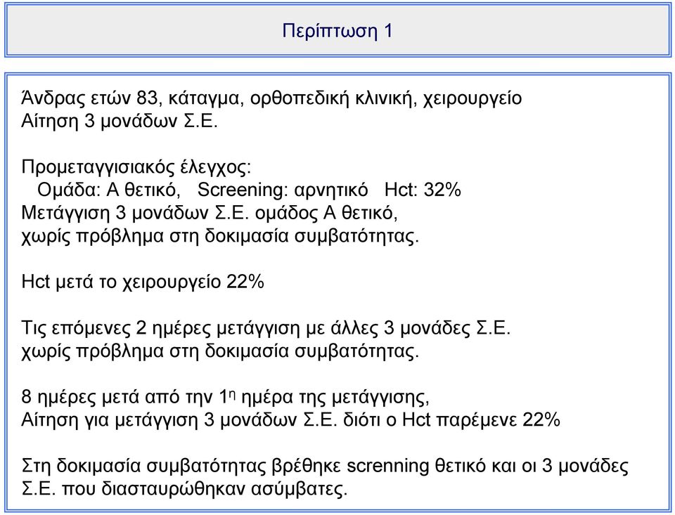 ομάδος Α θετικό, χωρίς πρόβλημα στη δοκιμασία συμβατότητας. Hct μετά το χειρουργείο 22% Τις επόμενες 2 ημέρες μετάγγιση με άλλες 3 μονάδες Σ.Ε.